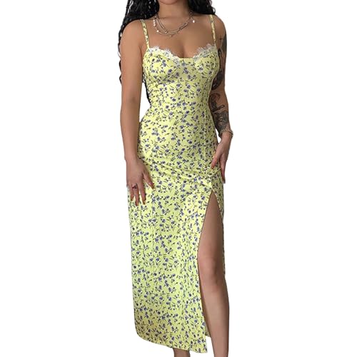 Image of Women Floral Maxi Dress Summer Spaghetti Strap Bodycon Split Slit Lace Trim Side Backless Elegant Long Dresses