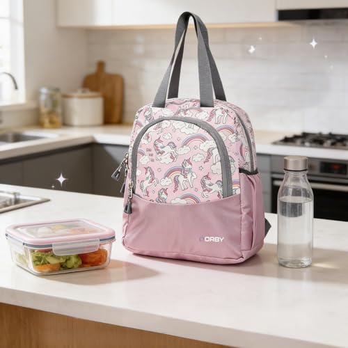 Image of ORBY Lunch Bag Unicorn Lavender | Water-Repellent Durable Fabric | Tiffin Bag with Bottle Holder & Front Pocket | Strong Zipper & Spacious Meal Storage (Unicorn Pattern, Lavender)