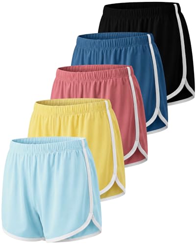 Image of Real Essentials 5 Pack: Girls' Dry-Fit Athletic Dolphin Shorts for Youth Kids Teens Running Gym Sports (Ages 4-16)