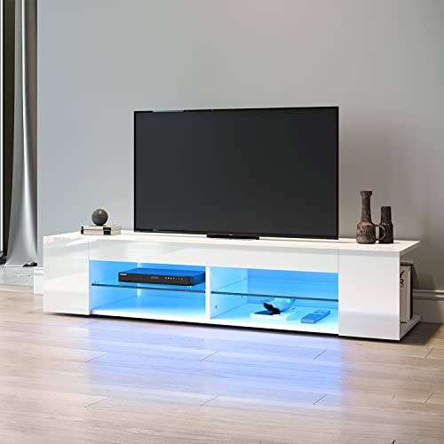 SONNI Mueble TV Blanco Brillo con Luces LED 12 Colores LED,Mesa de Salón para TV Estantes de Cristal 135 cm