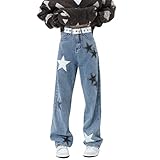 OTEEGX Cute Jeans for Women Teen Girls Star Y2k Pants Low Rise Loose Jeans Y2k Aesthetic Summer Clothing Grunge Blue1-L