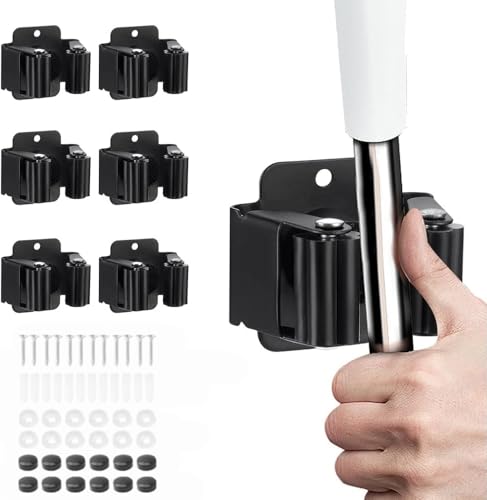 aevumygj 6PCS Rustproof Broom Mop Holder, Heavy Duty Stainless Steel Garden Tool Organizer, Wall Mounted Hanger with Installation Screws for Home & Garage (Matte Black)