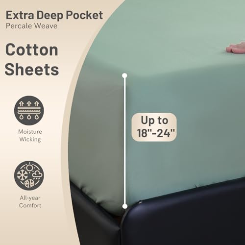 MEISHANG Extra Deep Pocket Queen Sheets Cotton - 1000 Thread Count Sheets Queen - Fits 18"-24" in Deep Mattress,100% Egyptian Cotton,Sateen Weave, Soft & Breathable - 4 Piece (Queen, Sage Green)