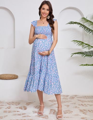 Image of KOJOOIN Womens Maternity Dress Summer Sleeveless Smocked Square Neck Ruffle Casual Boho Midi Dress Baby Shower Photoshoot