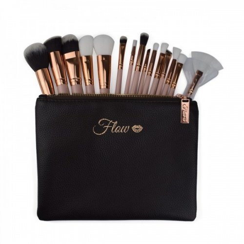 Flow Lot de 15 pinceaux de maquillage avec étui Doré