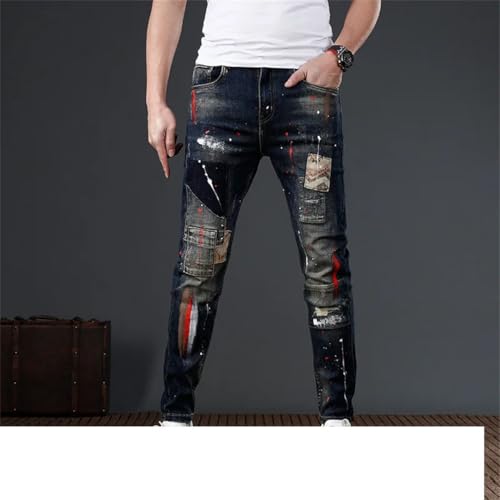 Men Patch Motorcycle with Broken Holes Splatted Ink Paint Slim Fit Small Feet Motorcycle Jeans2