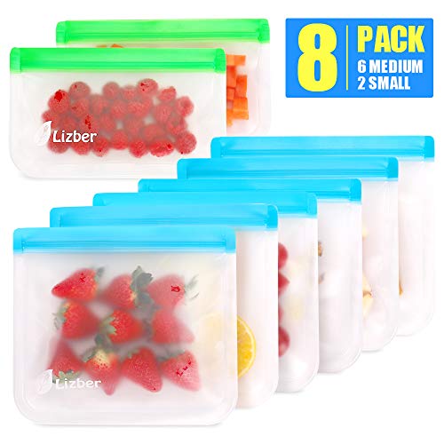 [8 Pack] Lizber Reusable Storage Bags, Reusable Ziplock Bags, 6 Sandwich Bags