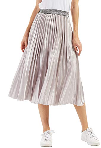 CHARTOU Womens Elastic-Waist Accordion Pleated Metallic Long Party Skirt (Gold, one Size)