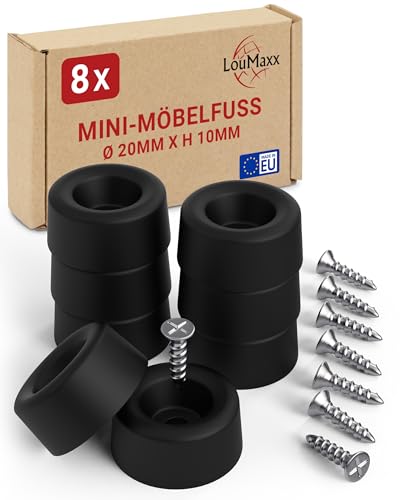 LouMaxx Piedini per mobili mini 8 pezzi Ø 20mm H 10mm – Gambe in plastica per cassettiere, armadi, scaffali – Distanziatori da pavimento con 8 viti Made in EU (8, Nero)
