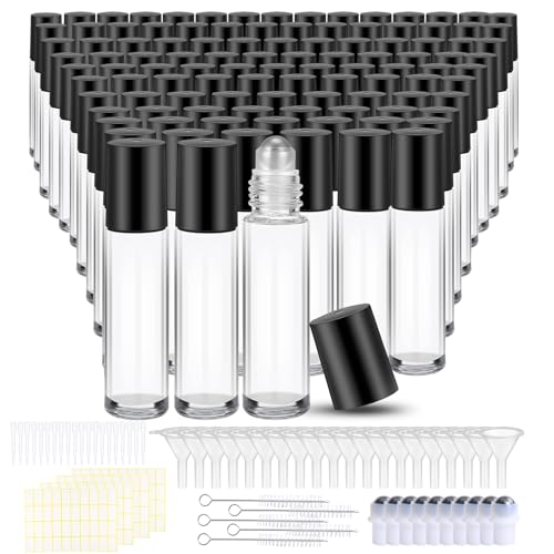 Olutacot 150 Pcs Essential Oil Roller Bottles 10 ml Leakproof Empty Glass Roll on Bottles with Stainless Steel Roller Balls with 20 Funnels 20 Droppers for Travel Perfume Essential Oil
