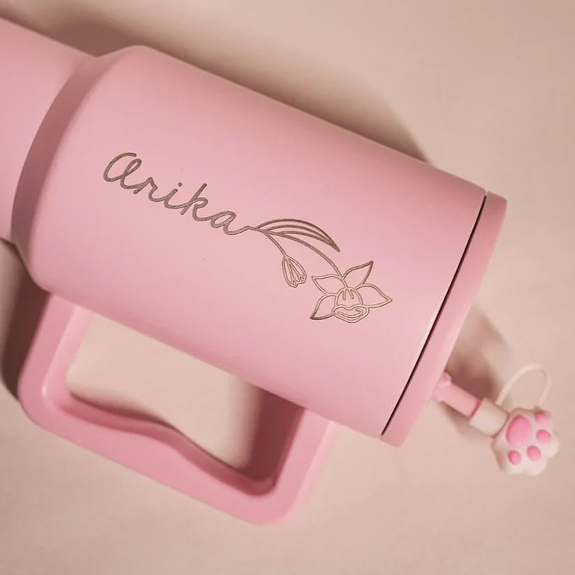 Image of Zephorus Personalized Stainless Steel Tumbler with Handle, 1200ml Capacity, Black Insulated Travel Mug with Straw, Custom Name Design (PU Pouch & 40oz Tumbler Pink)