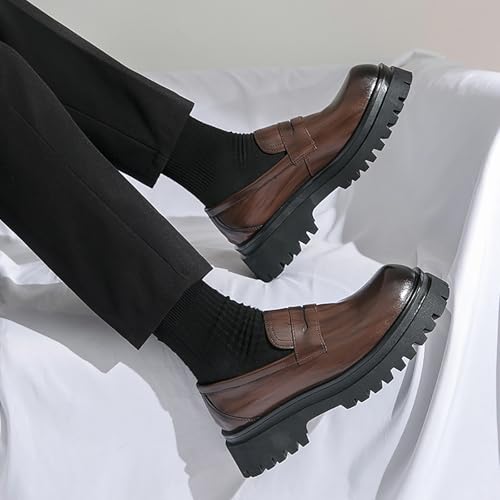 Men's Leather Platform Slip-On Loafers Round Top Chunky Heel Lug Sole Penny Dress Shoes Low Top Non-Slip Comfortable Work Business Shoes2
