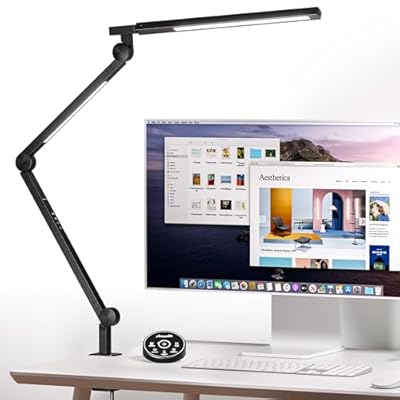 AmazLit Desk Lamp with Clamp, Eye-Care Swing Arm Desk Lamp, Stepless Dimming & Adjustable Color Temperature Modern Architect Lamp with Memory & Timing Function for Study, Work, Home, Office, 12W