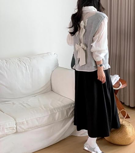 Image of Women's Back Tie Bow Knit Sweater Vest Casual Tops Y2K Sleeveless Crew Neck Knit Vest
