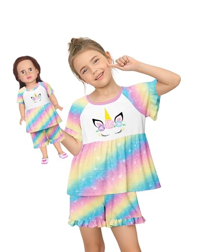 Image of LQSZ Matching Girls & Doll Pajamas Set for Toddler Girls Short Sleeves Cute Outfit Sleepwear