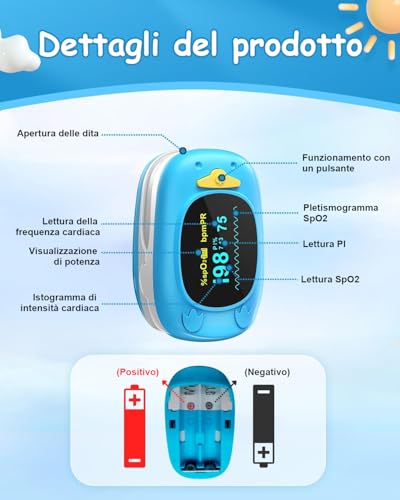 HealthTree Monitor portatile della saturazione dell'ossigeno nel sangue da dito, pulsossimetro pediatrico con schermo OLED, batterie 2AAA incluse, adatto per neonati e bambini - 2
