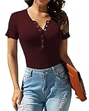 VIISHOW Womens Snap Closure V Neck Ribbed Short Sleeves Bodysuit Sexy Basic Slim Fit Button Closure Body Suit T Shirts Tops, Wine Red Z, Small