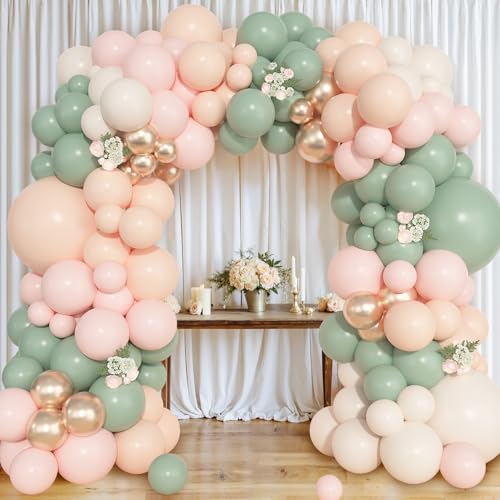 Image of Ouddy Life 157 Pcs Dusty Pink Green Balloons Arch Kit, Sand White Champagne Gold Apricot Balloon for Gender Reveal Baby Shower Birthday Tea Party Fairy Girl Wedding Jungle Safari Woodland Decorations