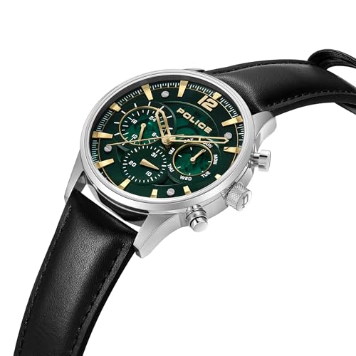 Image of Police Quartz Multifunction Green Dial Black Leather Strap Watch for Men - PLPEWGF0040201