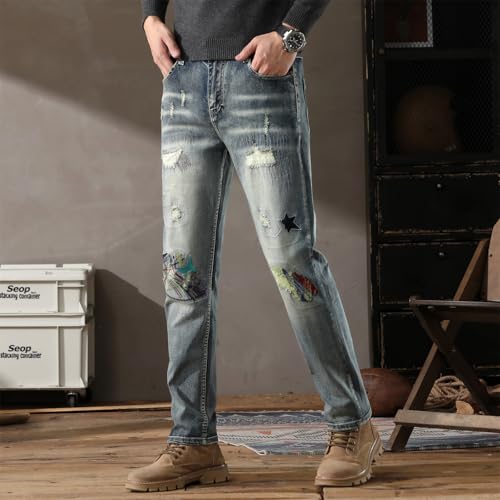Men's Hip Hop Ripped Straight Distressed Embroidery Ripped Denim Slim Fit Straight Leg Biker Jeans2