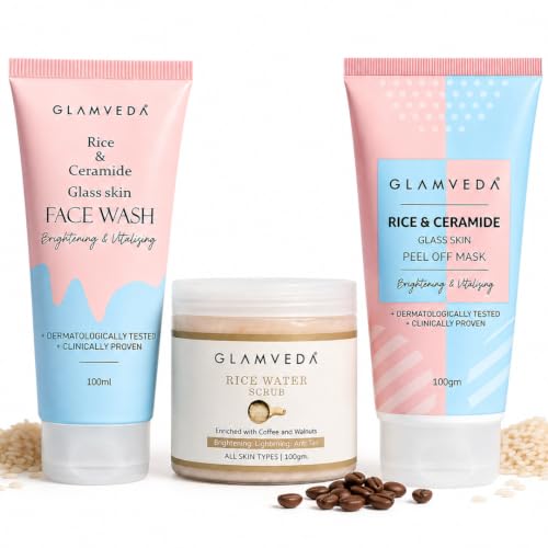 Image of Glamveda Korean Rice & Ceramide 3 Step Face Wash, Face Scrub & Peel Off Mask For Women & Men| Reduces Signs of Ageing & Skin Brightening | For Dry to Combination Skin Type