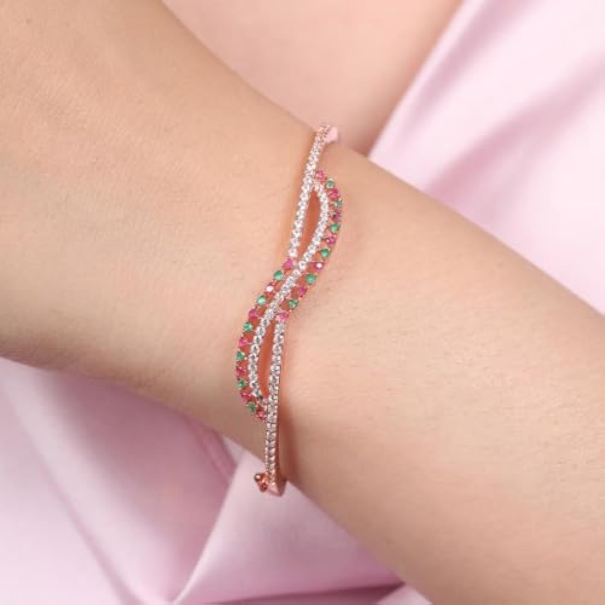 925 Silver Brilliance CZ Stones Rose Plated Cuff Bracelet