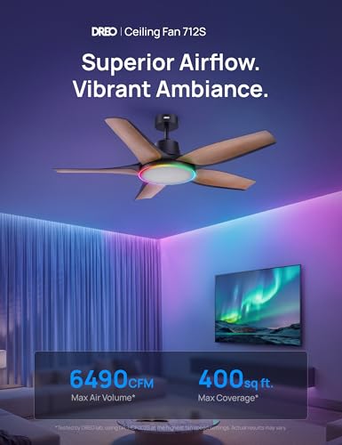Image of DREO Smart RGBIC Ceiling Fans with Lights, Low profile Ceiling Fan with Alexa /App, 52'' Dimmable Lighting & Color Tuning, 25dB Quiet for Living Room, Game Room, Easy Installation, Black, 2026 Upgraded