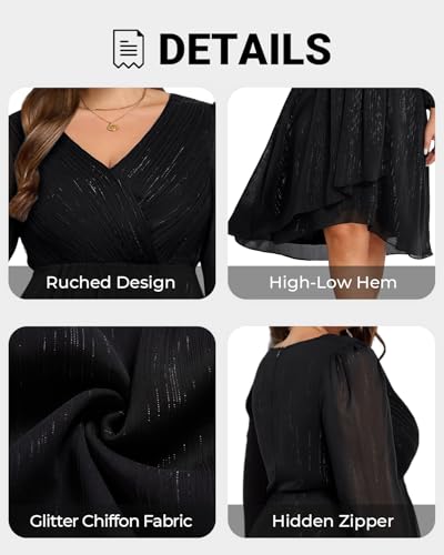Image of Talisea Plus Size Cocktail Dress - Formal Wedding Guest Fall Long Sleeve A Line Pleated V Neck Midi Dresses for Curvy Women