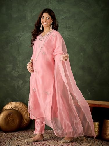 Image of VredeVogel Women's Ethnic Wear Embroidered Silk Blend Kurta Pant Set with Organza Dupatta | Festive & Casual Summer Kurti with Pants for Party Office & Ethnic Occasions