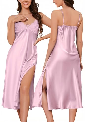 Image of ALCEA ROSEA Women Silk Satin Nightgown Sexy Lace Chemise Lingerie Long Sleepdress for Ladies Sleepwear Slip Negligee