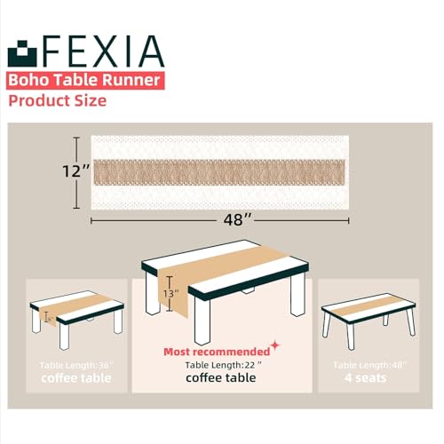Image of FEXIA Boho Table Runner for Thanksgiving Home Decor 48 Inches Long Farmhouse Rustic Table Runner Cream & Brown Macrame(Without Tassel) for Dining Bedroom Decor Rustic Bridal Shower (12x48 Inches)