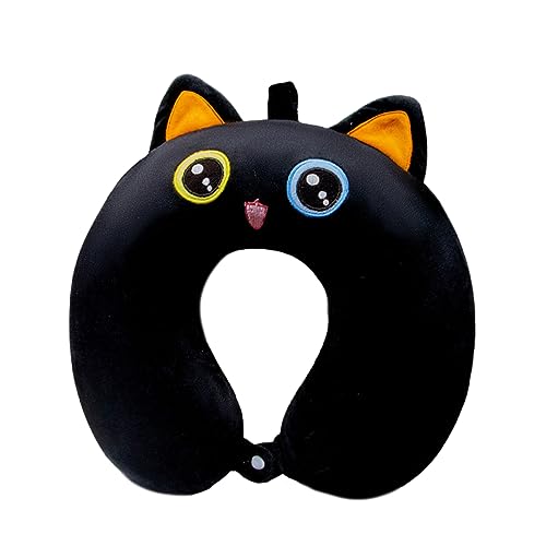 VICKYPOP Animal Neck Pillow Cute Cartoon Memory Cotton Stuffed U-Shaped Travel Plush Pillow (Black Cat, 11.8 inches)