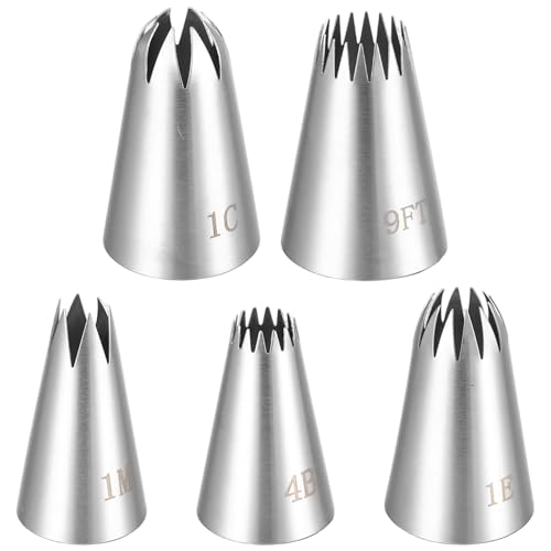 5 Pack Stainless Steel Large Star Piping Tips for Cakes 9FT 1C 1E 1M 4B Star Tip for Piping Icing Tips Cake Decorating Tools for Cooking Baker