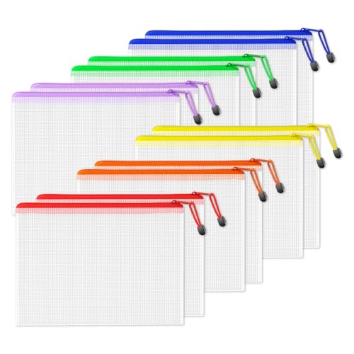 SUNEE Bolsa de malla de plástico con cremallera de 9 x 13 pulgadas (6 colores, 12 paquetes), bolsa extra grande resistente al agua con cremallera para suministros de oficina escolar, rompecabezas y