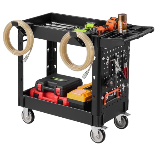 Image of VEVOR Heavy Duty Utility Cart with Tray & Pegboard, 550 LBS 2 Tier Service Cart with 360 Swivel & Fixed Wheels (2 with Brakes), Plastic Rolling Cart, Tool Storage for Garage Warehouse Workshop