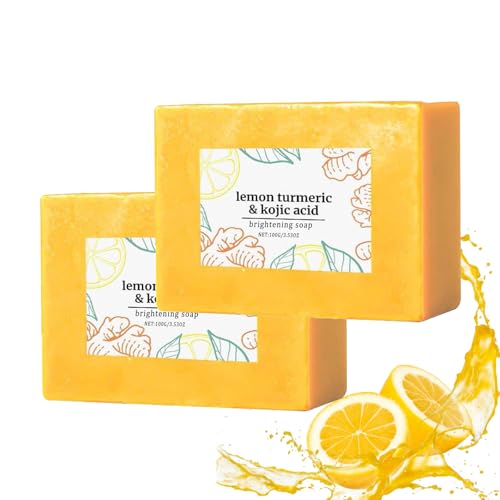 Jabón de cúrcuma de limón para cara y cuerpo, barra de jabón con manchas de cúrcuma, jabón con limón cúrcuma y ácido kójico - Con ácido kójico para una piel radiante y uniforme (2)