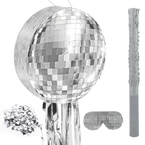 12.5 Inch Disco Party Pinata 80s 90s Roller Skating Pinata Mirror Disco Ball Pinata with Blindfold Stick Confetti for 80s 90s Disco Birthday Wedding Party Supplies Decor (Disco Ball)