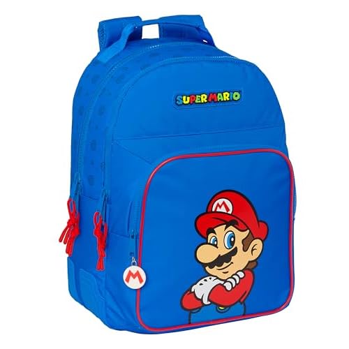 SUPER MARIO PLAY - Mochila Escolar Infantil, Ideal para Niños de Diferentes Edades, Cómoda y Versátil, Calidad y Resistencia, 32x15x42 cm, Color Azul/Rojo