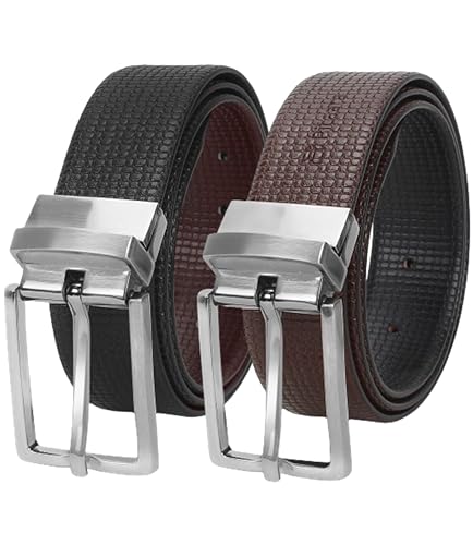 Pitaara Genuine Leather Reversible Belt For Men, Box Print Pattern (Black/Brown)