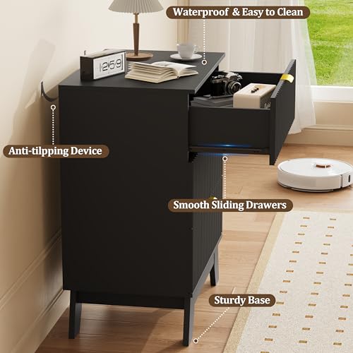 Image of Fluted Nightstand Sets of 2 with 3 Large Drawers, Wooden Side End Table with Elevated Legs for Easy Cleaning, Sturdy Modern Beside Table for Small Space, Bedroom, Black, 24 inch L