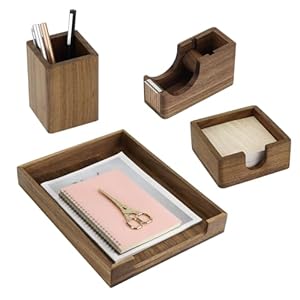 Walnut Wood 4-Piece Desk Organizer Set – Pen Holder, Adhesive Tape Seat, A4 File Tray & Note Stand Wooden Office Supplies Set for Home & Office Storage Eco-Friendly Desk Accessories (Brown)