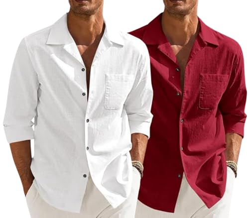 Image of Combo of Men's Casual Cotton Blend Shirt || Long Sleeve Button Down with Spread Collar | Lightweight Breathable Fabric | Stylish Solid Shirt for Beach, Office & Everyday Wear Pack of 2