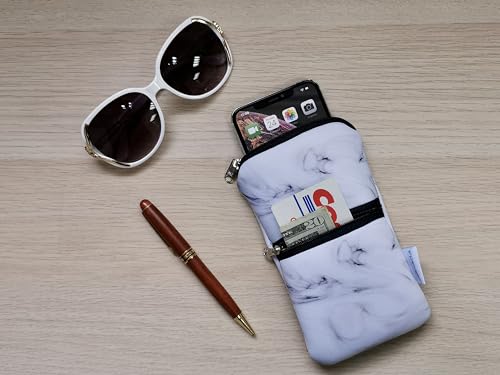 Image of Tainada Men Women Phone Neoprene Shockproof Zippered Sleeve Case Bag Pouch with Carabiner, Neck Lanyard, Belt Loop Holster for iPhone 17 /16 Pro Max, 16 Plus, 16e ; Samsung S25+, S24 (Marble White)