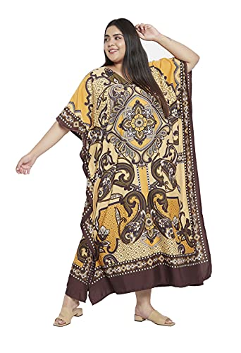 Image of Women Long Maxi Plus Size Polyester Kaftan Gown, Womens Kaftan Dresses | Lounge Resort Wear, Batwing Sleeve Side Slit, Beach Cover Up, House Dress, Lightweight V Neck Loose Fit Boho Dress