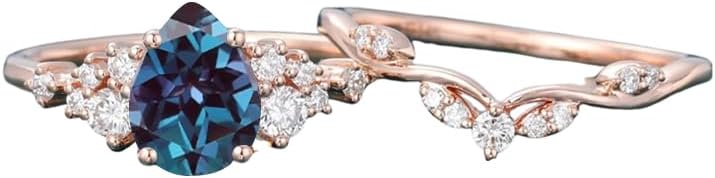 1.0 ct Pear Shaped Gemstone Engagement Rings For Women 2 pcs Unique Art Deco Curved Wedding Ring Set 10K 14K 18K Gold Nature Teardrop Inspired Ring Wedding Engagement Ring Set