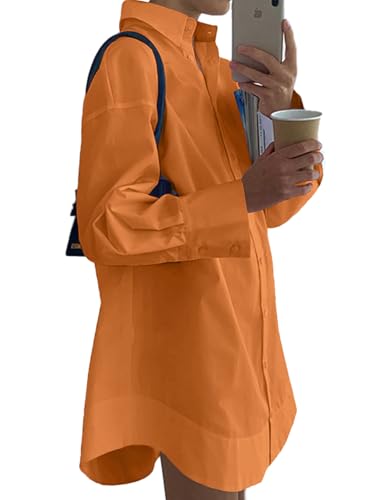 Image of LYANER Women's Casual Shirt Dress Collar V Neck Button Down Loose Long Sleeve Mini Dresses