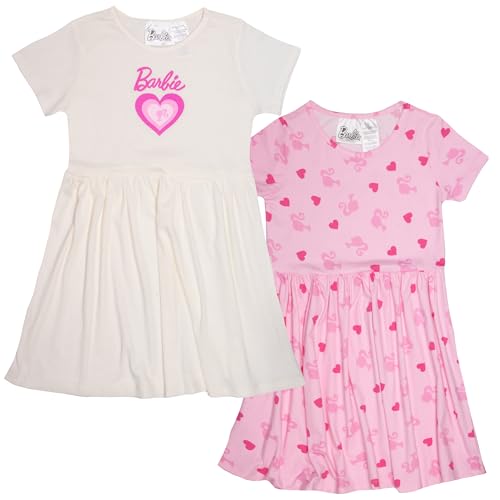 Barbie Girl's Casual Stretch Dress 2-Pack Graphic Print Logo - Set of Short Sleeve Summer Dresses for Kids