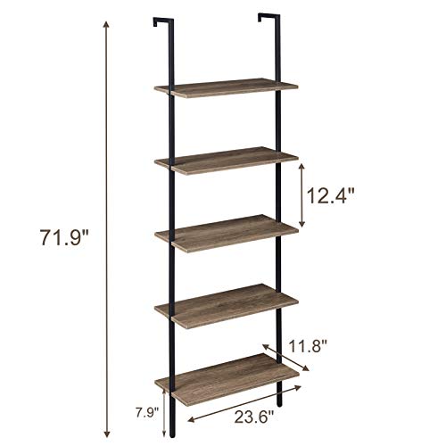 SUPERJARE Industrial Ladder Shelf, 5-Tier Wood Wall-Mounted Bookcase with Stable Metal Frame, 72 Inches Storage Rack Shelves Display Plant Flower, Stand Bookshelf for Home Office - Vintage Brown