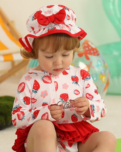 Image of Toddler Girl Swimsuit Baby Girl Bathing Suit Long Sleeve Floral Zipper One-Piece Rash Guard Swimsuit with Hat