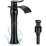 HOIGY Vessel Sink Faucet Oil Rubbed Bronze, Brass Tall Bathroom Faucet Waterfall 1 Hole, Bathroom Faucets Single Handle Bathroom Sink Faucet Bronze with Pop-Up Drain & Water Hoses for Farmhouse